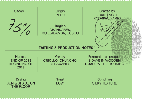 etiqueta de cacao 75% con huella de dedo Perú